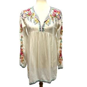 Johnny Was White Embroidered Floral Boho Peasant Top